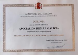 Diploma pola concesión da medalla de bronce a REMAR GALICIA